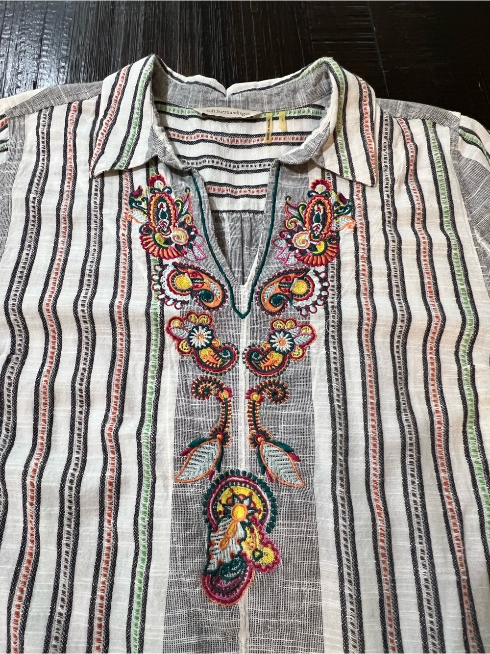 Soft Surroundings Shirt Womens Large Aruba Embroidered Pullover Tunic Boho Strip - Picture 11 of 14